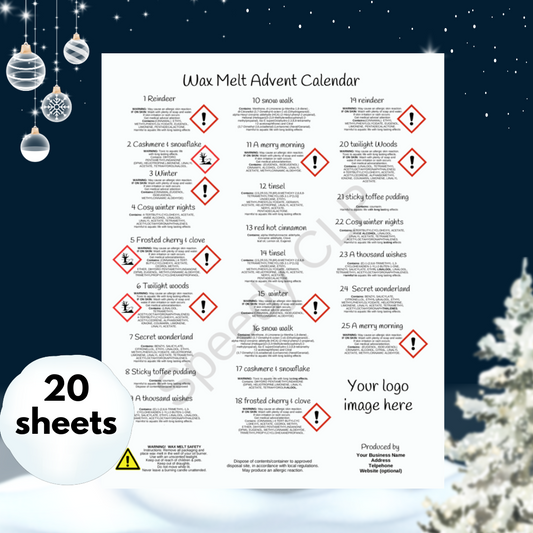 24 or 25 Door Wax Melt Advent Calendar CLP label (20 sheets)