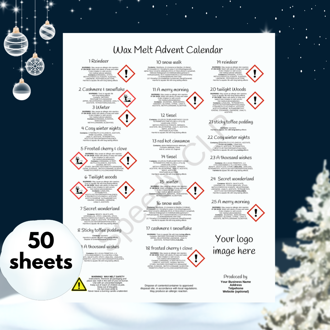 24 or 25 Door Wax Melt Advent Calendar CLP label (50 sheets) Speedy