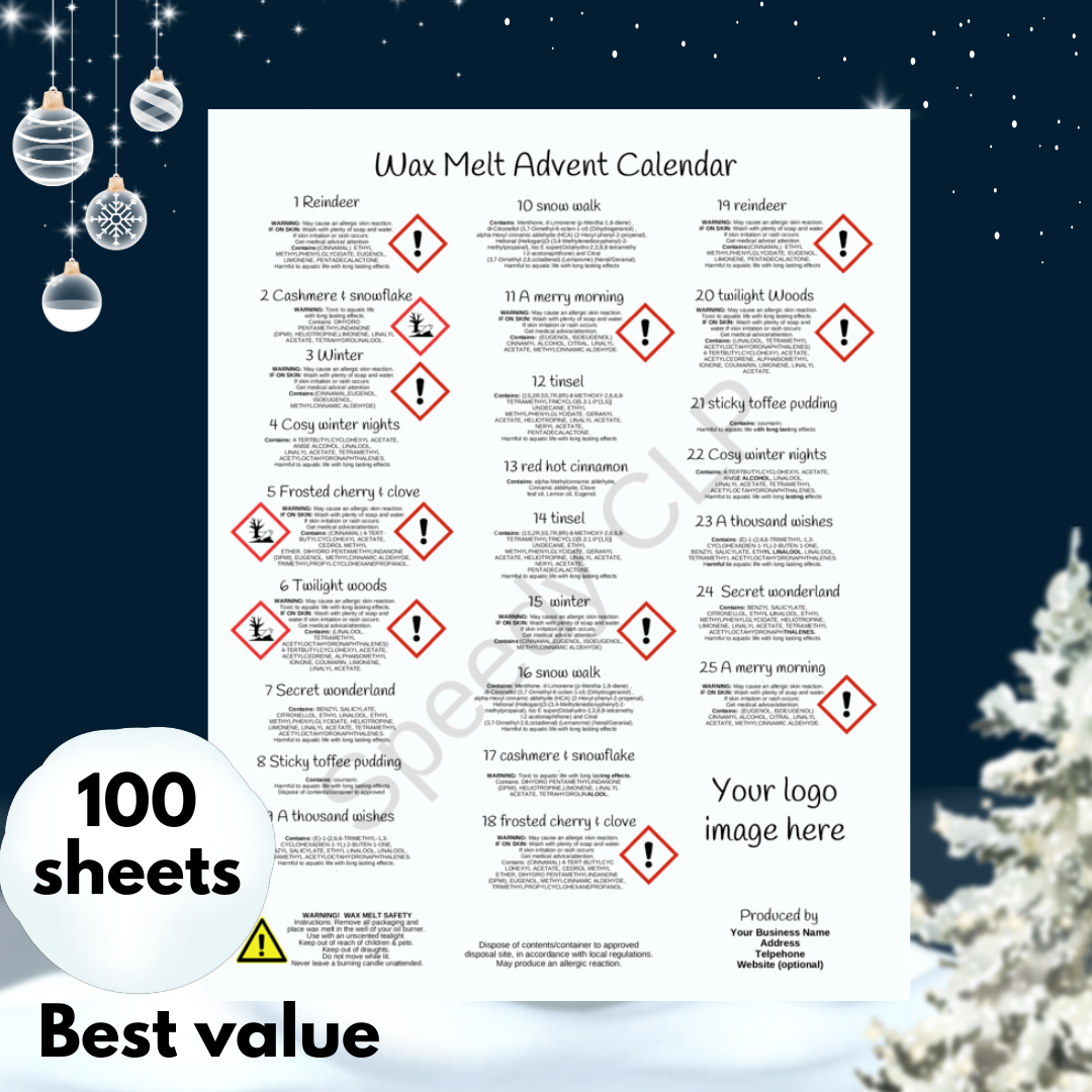 24 or 25 Door Wax Melt Advent Calendar CLP label (100 sheets)